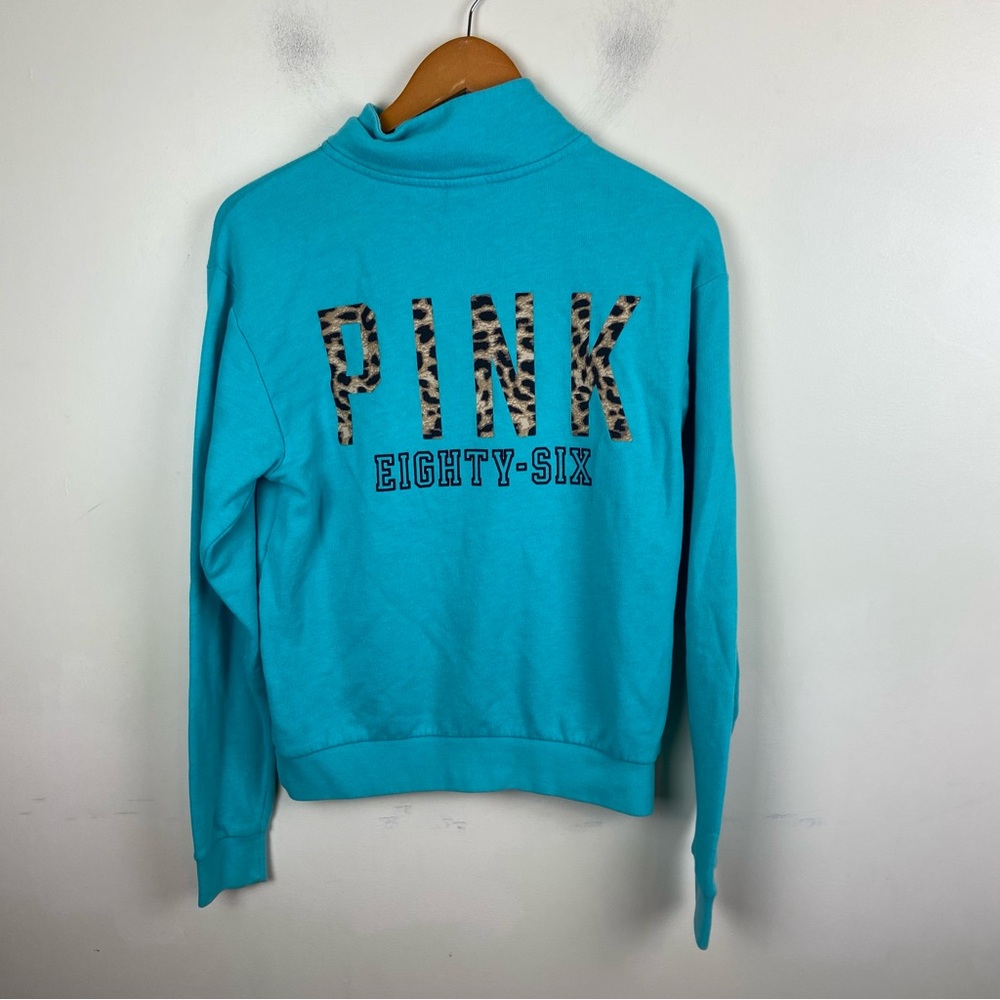 Victoria Secret PINK Turquoise Teal Logo Cheetah Leopard Quarter Zip Pullover XS - Picture 4 of 10